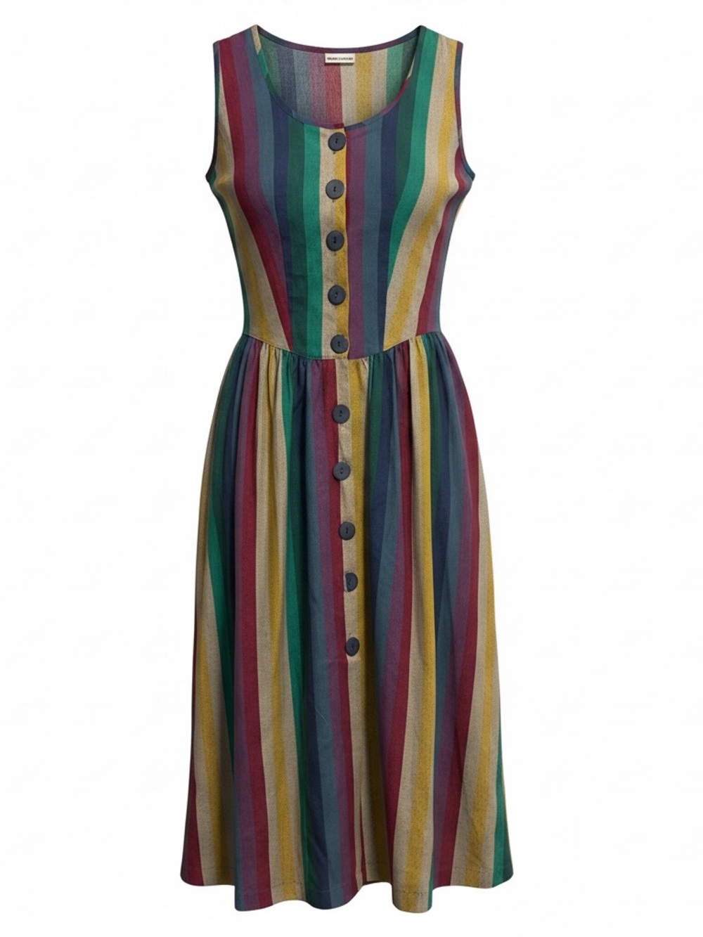 Vintage Sleeveless Multicolor Stripe Button-Front Midi Dress